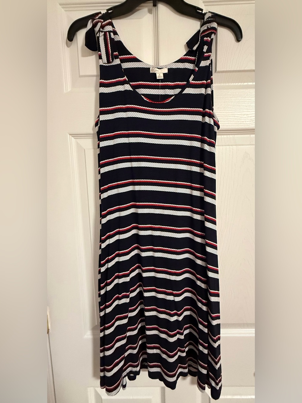 Striped Navy, White & Red Tie-Shoulder Swing Dress Size S - Picture 1 of 3